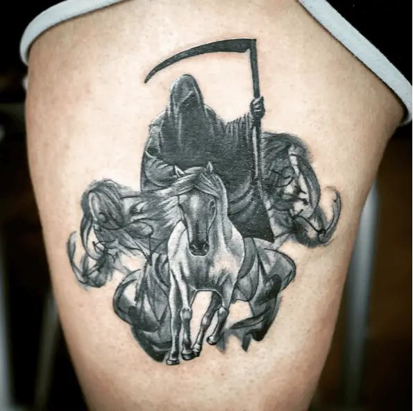 No Face Black Grim Reaper with Beautiful Horse Tattoo
