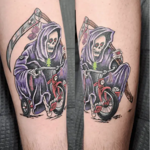 Grim Reaper in a Tricycle Colored Tattoo