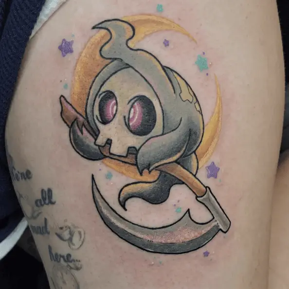 Duskull From Pokemon With the Background of Moon and Stars Colored Tattoo