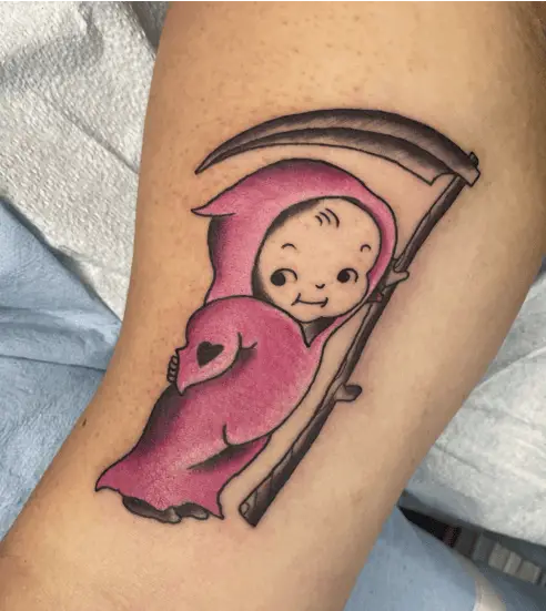 Cute Baby Standing in Pink Cloak with Black Heart Printed Tattoo