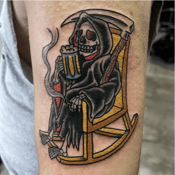 Grim Reaper Chilling on a Rocking Chair Colored Tattoo