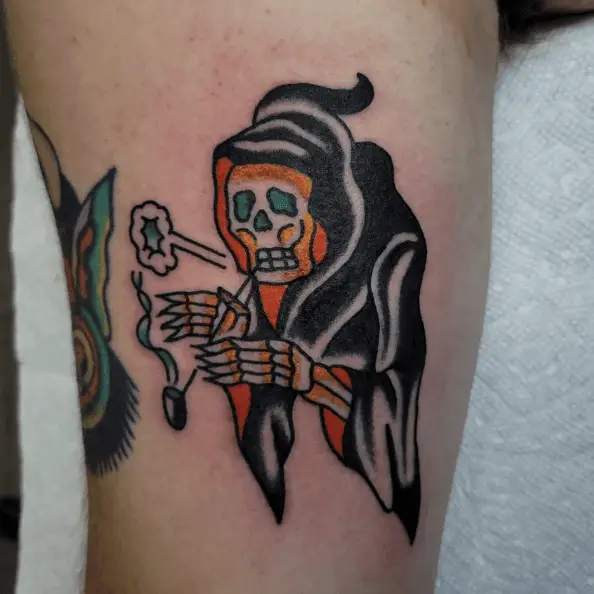 Grim Reaper Smoking Pipe Cigarette Colored Tattoo