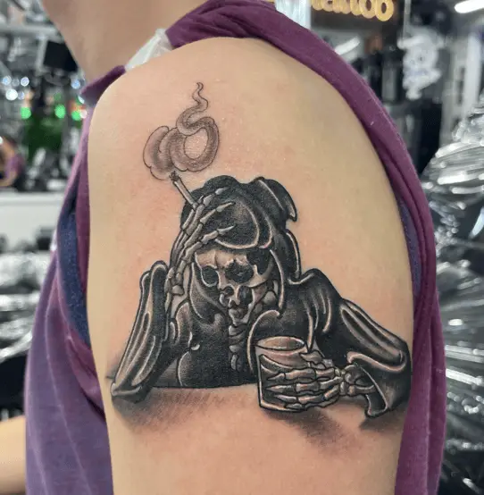 Stressed Grim Reaper Sitting at Table With Beer and Cigarette Tattoo