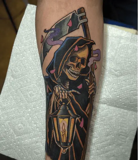 Smoking Grim Reaper Carrying a Candle Lamp Colored Tattoo