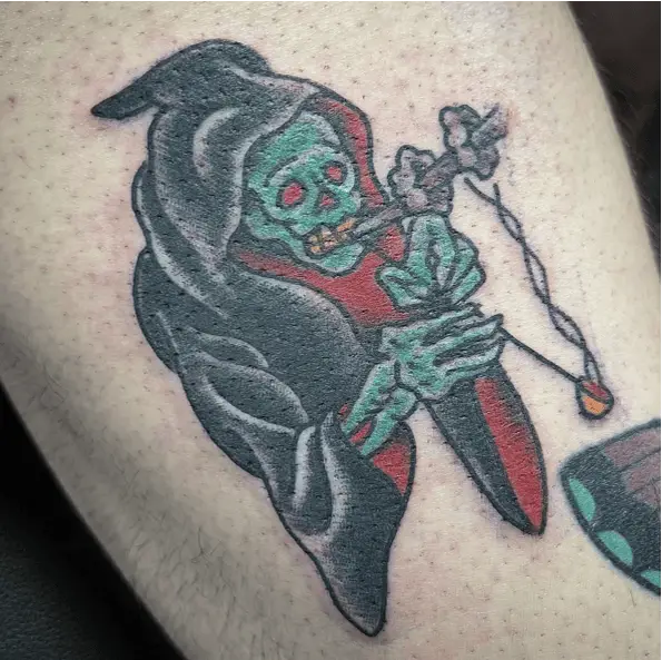 Grim Reaper Smoking Tobacco in Pipe Colored Tattoo