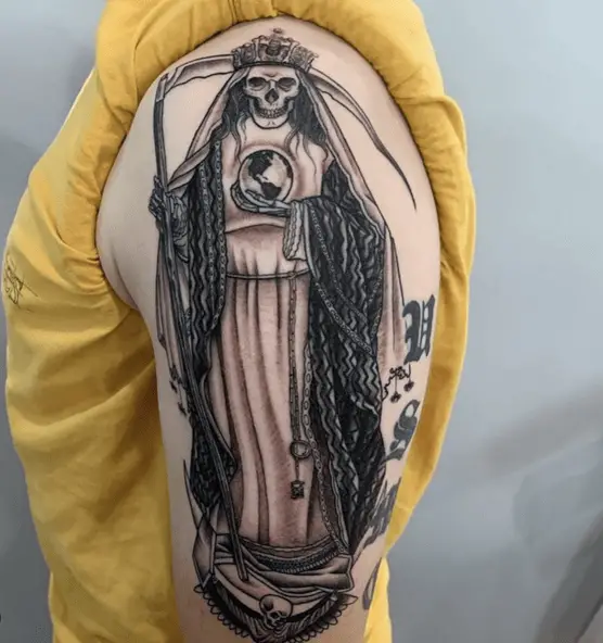 Santa Muerte Holding a Globe in Her Right Hand Tattoo