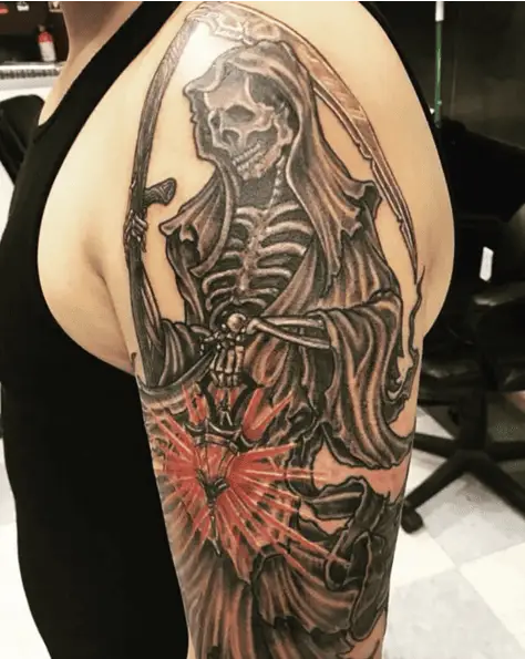 Santa Muerte Carrying a Red Shining Lamp Tattoo