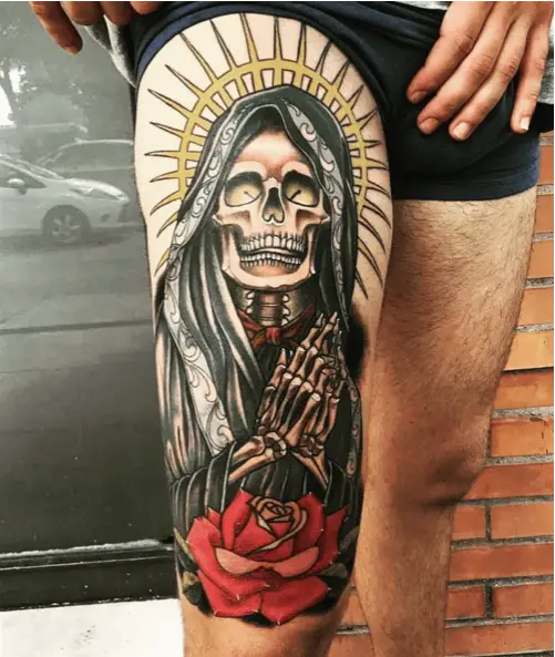 Praying Santa Muerte With Halo Crown and a Red Rose Tattoo