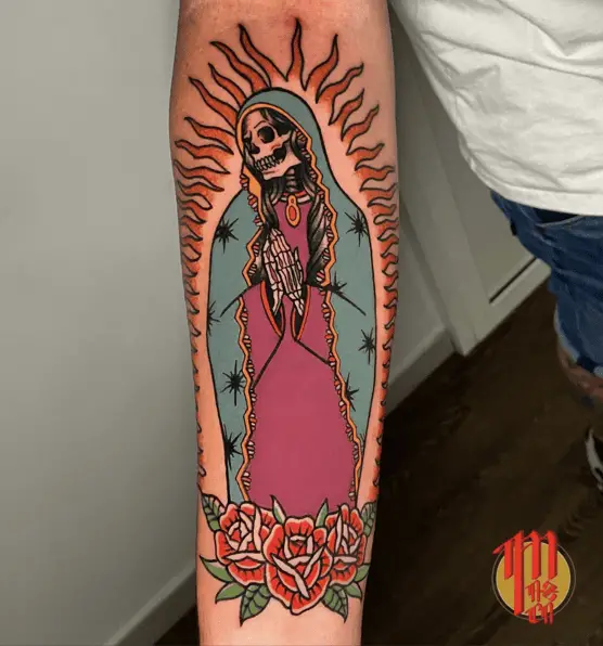 Santa Muerte Hands Together and Three Red Roses With Flames Background Colored Tattoo
