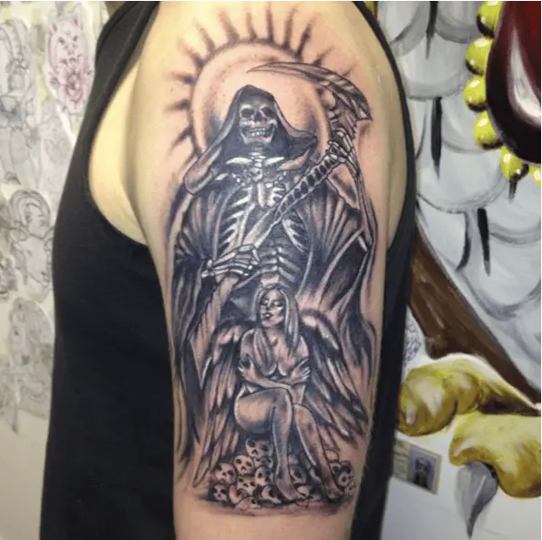 Naked Angel Girl Sitting on a Pile of Skulls in Front of a Grim Reaper Under the Sun Tattoo