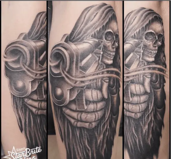 Grim Reaper Pointing a Gun Tattoo