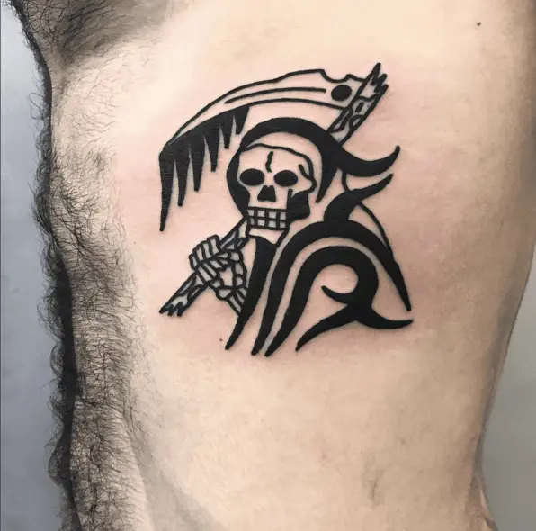 Tribal Grim Reaper Skeleton on Black Ink Tattoo
