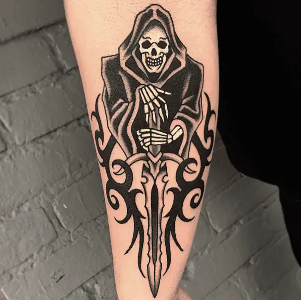 Grim Reaper Holding a Sword Tribal Tattoo