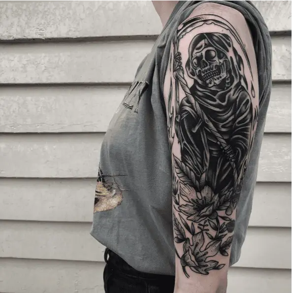 Grim Reaper Above the Flower Tattoo