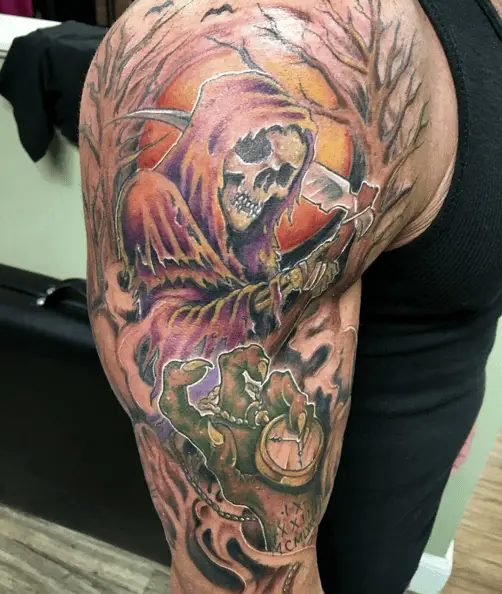 Grim Reaper in a Dawn Forest and Witch Hand with a Compass Colored Tattoo