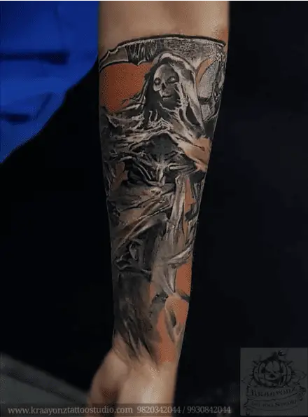 Grim Reaper Glowing Blue Eyes Realistic Tattoo