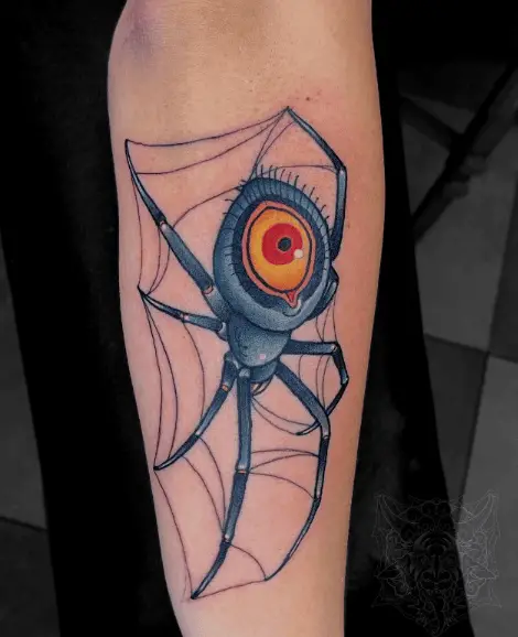 Blue Sticky Spider Forearm Tattoo