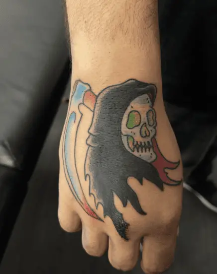 Side View Grim Reaper Skull With His Scythe Tattoo