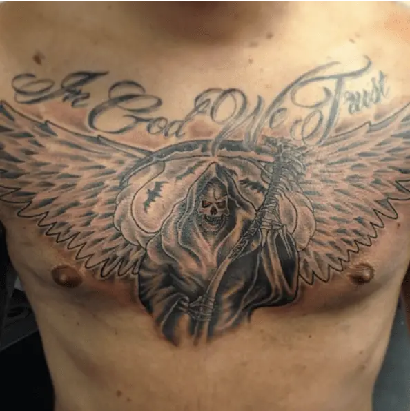 Grim Reaper With Bats Flying Behind the Angel Wing Tattoo