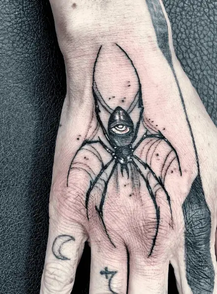 One Eyed Spider Hand Tattoo