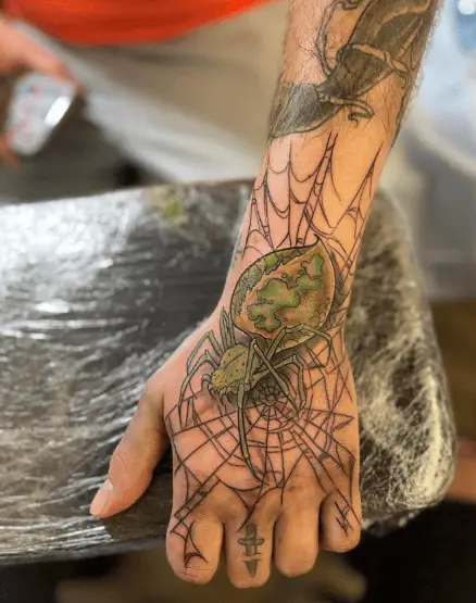 Green Spider and Web Hand Tattoo