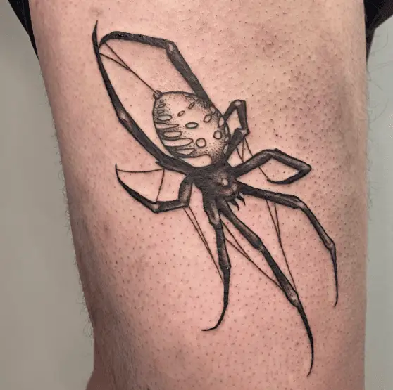 Greyscale Spider Thigh Tattoo