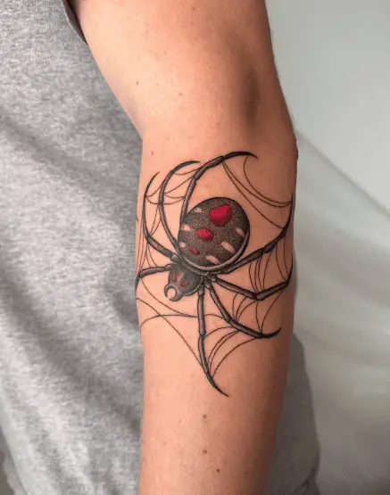 Black Widow Spider with Red Spots Forearm Tattoo