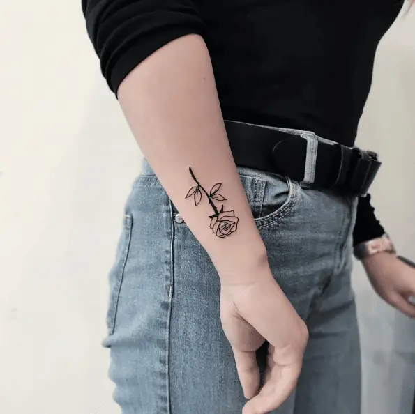 Black Outline Single Rose Forearm Tattoo