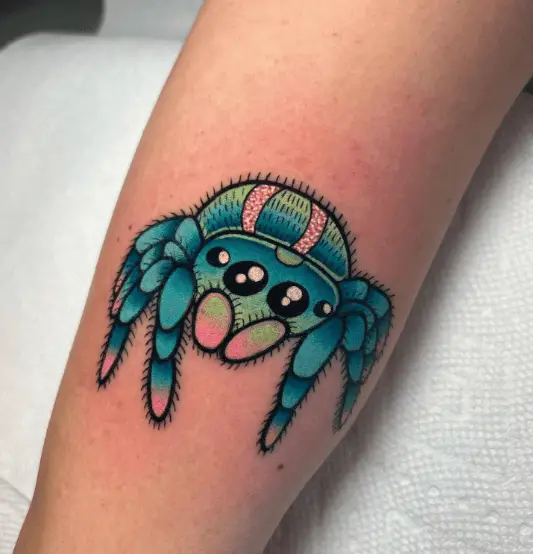 Neon Blue Furry Spider Tattoo