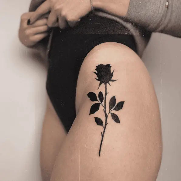 Black Rose with Leaves Thigh Tattoo
