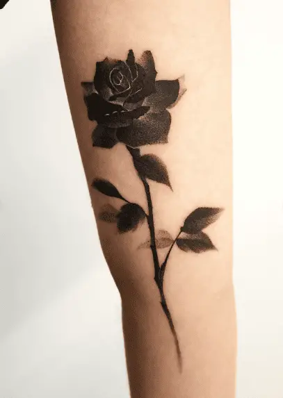 Black and Greyish Single Rose Inner Arm Tattoo