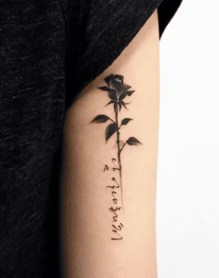 Black Rose an Korean Calligraphy Arm Tattoo