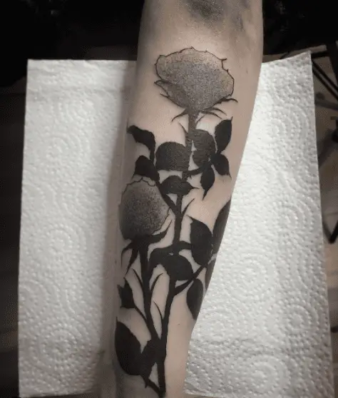 Grey Rose with Black Leaves Tattoo