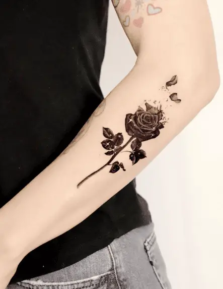 Falling Petals Black Rose Forearm Tattoo