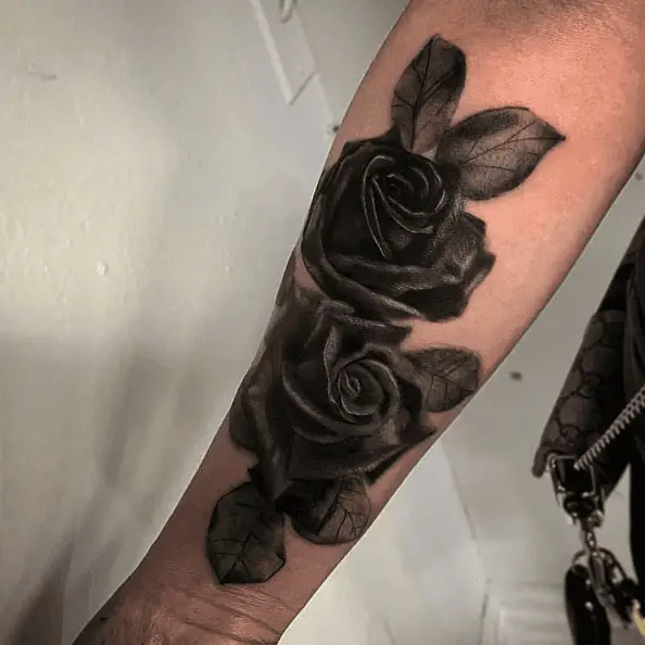 Dark Grey Twin Roses Forearm Tattoo