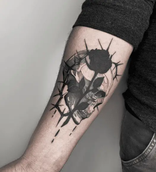 Skeleton Head, Barbed Wire with Black Rose Tattoo
