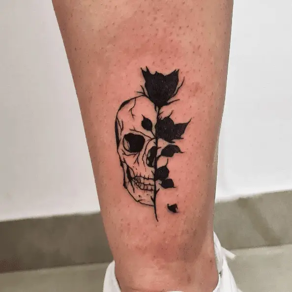 Half Skull with Black Rose Tattoo