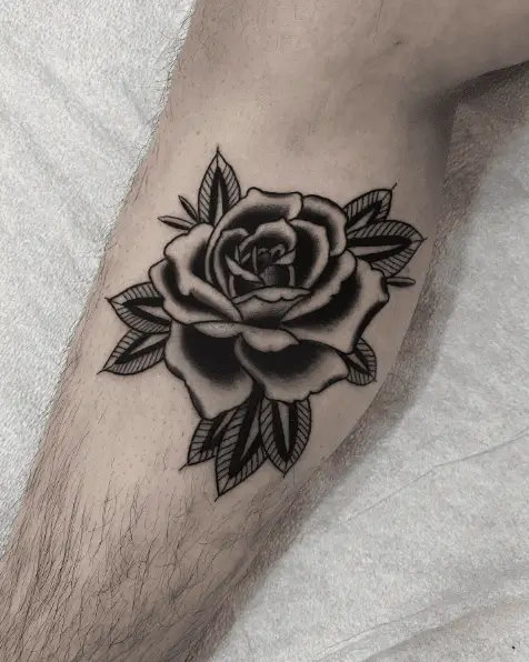 Black and White Rose and Leaves Tattoo