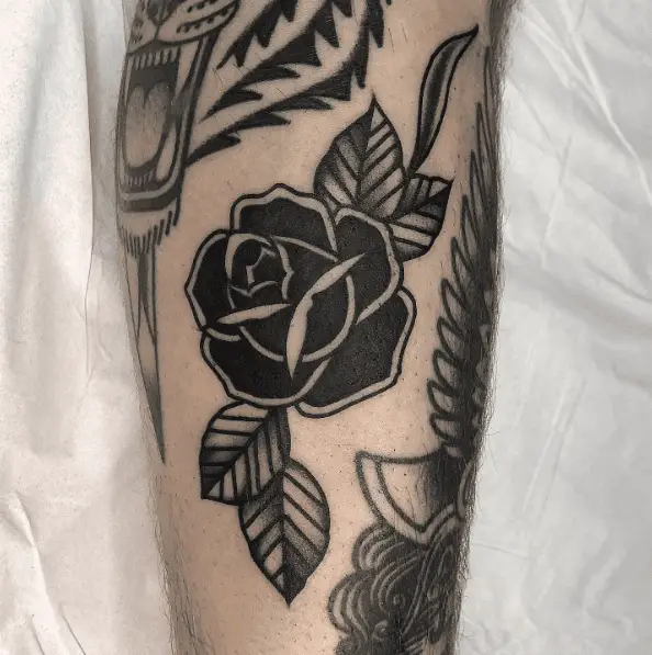 Black and White Rose with Lined Leaves Tattoo