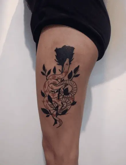 Black Rose and Floral Snake Tattoo