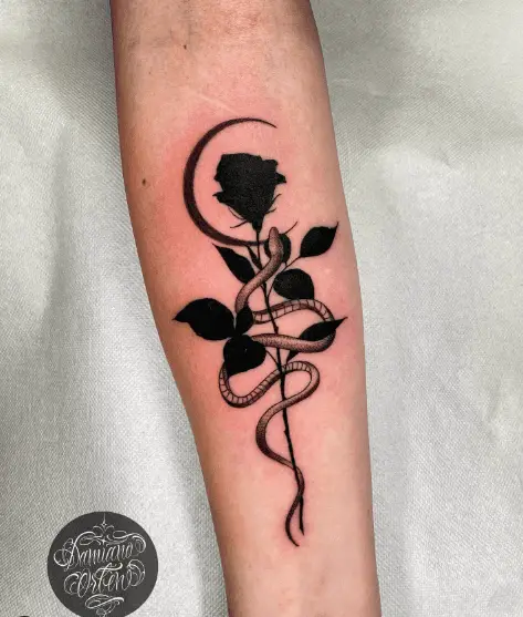 Black Rose and Greyish Snake Tattoo