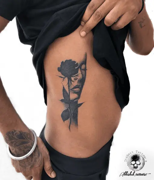 Black Rose with Feminine Portrait Tattoo
