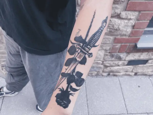 Dagger and Black Rose Forearm Tattoo