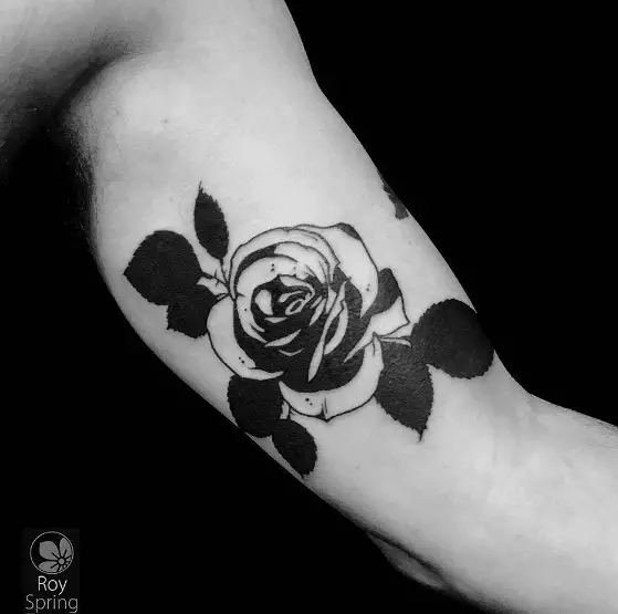 Black and White Rose with Leaves Tattoo