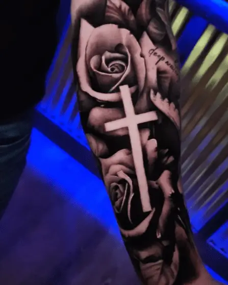 Black and Grey Roses with Cross Tattoo