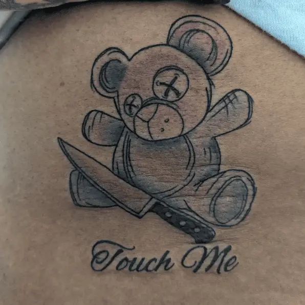 Evil Teddy with a Knife Shaded Black and Grey Tattoo