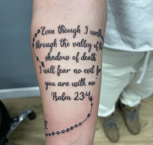 Psalm 23:4 Verse with Rosary Forearm Tattoo