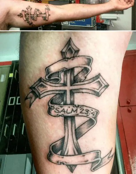 Cross and Banner with Psalm 23:4 Tattoo