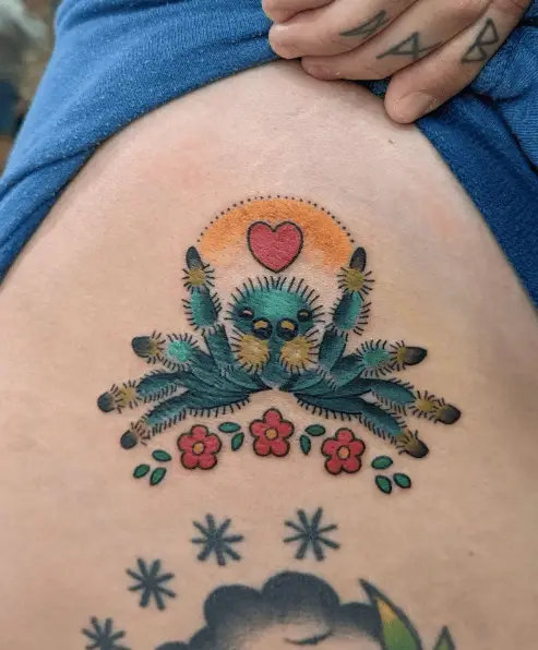 Cute Little Spider with Flowers and Heart Tattoo