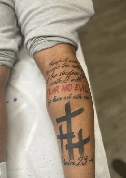 PSALM 23:4 Verse with Black Cross Leg Tattoo